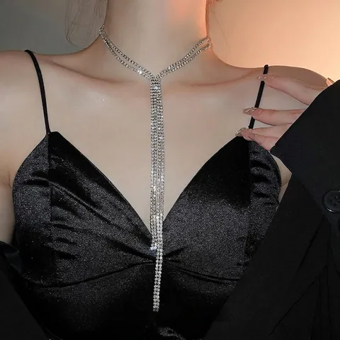 Long Tassel Y-Shape Necklace Double Layer Rhinestone Encrusted Alloy Choker Elegant Jewelry For Women Party Gift