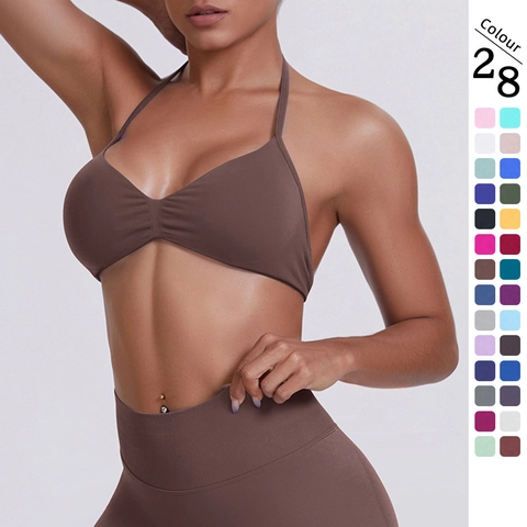 Women Halter Neck Sports Bra Seamless High Elasticity Solid Color Pullover Yoga Bra Breathable Gym Fitness Running Top