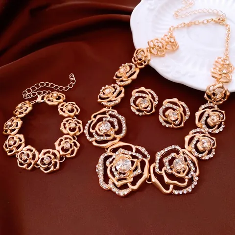 Hollow Rose Flower Necklace Bracelet Earrings Alloy Rhinestone Jewelry With Silver Earring Post French Retro Style Women