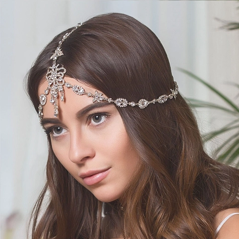 Bohemian Rhinestone Forehead Chain And Earrings Bridal Wedding Exotic Multi Layer Alloy Hair Chain Jewelry For Women