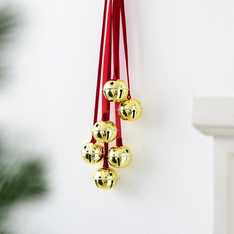 Ornamenti Sospesi Con Campana In Ferro Dorato Di Natale Fiocco In Nastro Di Velluto Rosso Stella Cava Per Decorazioni Per Porte