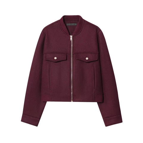 Women Crop Bomber Jacket Woolen Texture Zip Up Long Sleeves Ribbed Trim Chest Pockets Burgundy Casual Chic