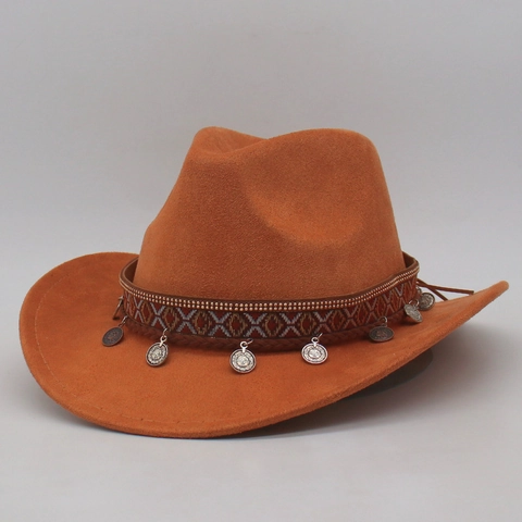 Western Cowboy Hat Felt Ethnic Band Silver Coin Charms Bohemian Retro Wide Brim Fedora For Men Women
