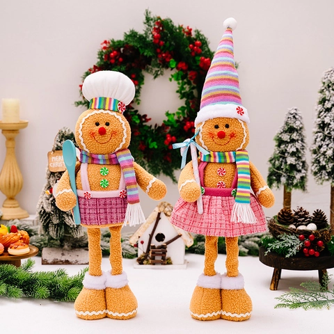 Weihnachten Lebkuchenmann Plüschpuppe Ornament Ausziehbare Beine Rosa Kariert Koch Stil Feiertags Haus Tischdeko