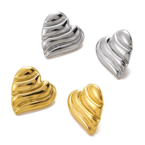 Roestvrijstalen Hart Oorknopjes Geribbelde Golvende Textuur Vintage High End Vergulde Sieraden Voor Vrouwen Retro Stijl