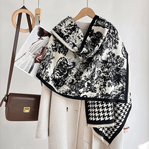 Houndstooth Ink Painting Scarf Shawl Double Sided Warm Winter Viscose Tassel Elegant Wrap For Women