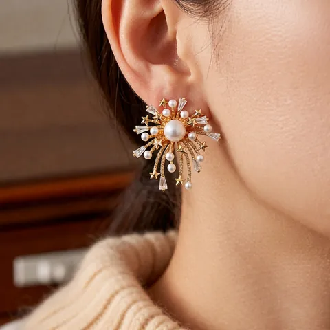 Vuurwerk Sterren Künstliche Perle Oorbellen Zirkonia Koperen Sieraden Met Zilveren Oorknopje Voor Dames Elegant Luxe Accessoire