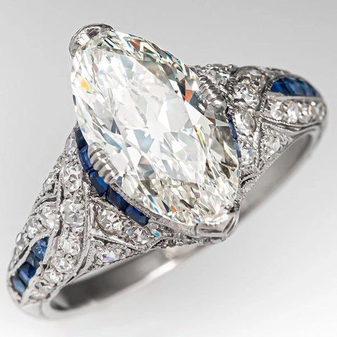 Vintage Marquise Cut Zircon Ring Art Deco Hollow Carved Copper Band Blue Accent Gemstone Jewelry For Women