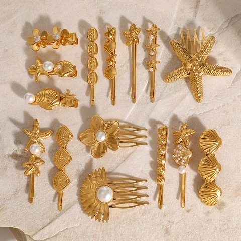 Fermaglio per Capelli in Acciaio Inossidabile a Forma di Conchiglia Stella Marina Donna Oro Metallo Fiore Cuore