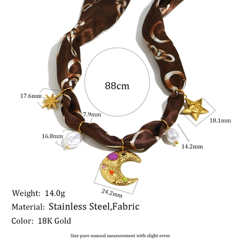Retro Satin Scarf Necklace Stainless Steel 18K Gold Plated Moon Star Pendants Faux Artificial Pearl Lightweight Fashion Jewelry For Women