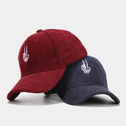 Corduroy Baseball Cap Skelett Hand Geste Stickerei Verstellbar Gebogene Krempe Sonnenschutz Outdoor Retro Hut