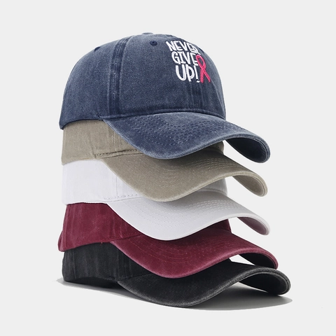 Casquette De Baseball En Coton Lavé Broderie Lettre Never Give Up Ruban Rose Vintage Ajustable Chapeau De Soleil