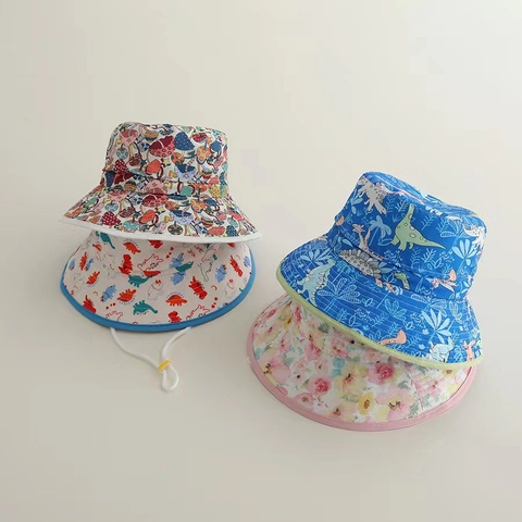Kids Bucket Hat Breathable Nylon Sun Protection Foldable Cartoon Dinosaur Print For Children With Adjustable Strap