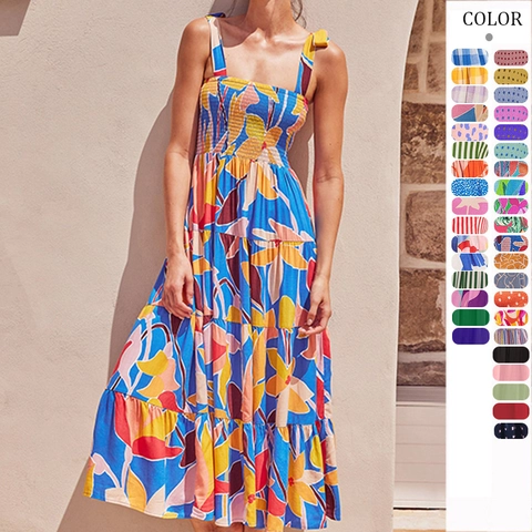 Vestito Maxi Senza Maniche Da Donna Poliestere Corpino Arricciato Spalline Da Annodare Balze Stampa Floreale Boho