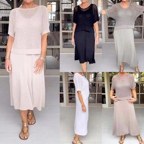 Maglia Traforata Uncinetto Manica Corta E Gonna Midi Casual Tinta Unita Outfit Estivo Elegante