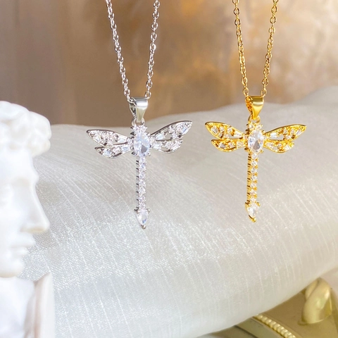 Elegante Koperen Zirconia Libel Hanger Halsketting 18K Goud Zilver Verguld Hol Dier Sieraden Voor Vrouwen Feest Dagelijks
