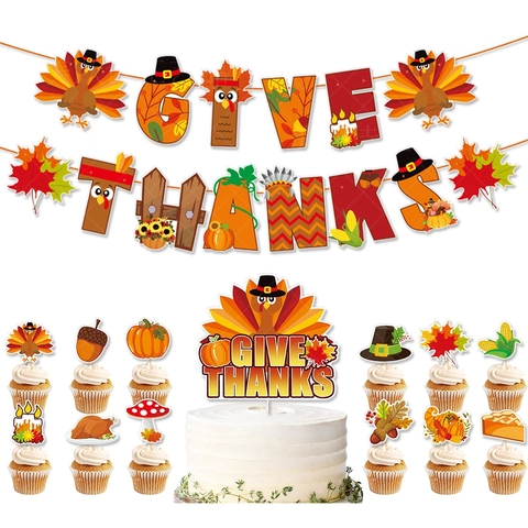 Striscione Give Thanks E Topper Per Torte Carta Decorazioni Per Feste Tacchino Zucca Foglia Di Acero Tema Raccolto Autunno