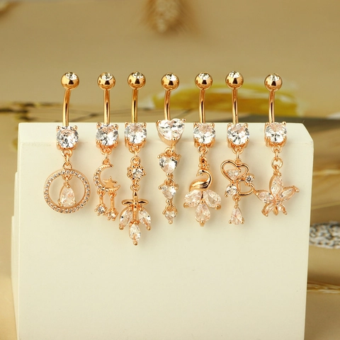 Stainless Steel Rhinestone Belly Ring Rose Gold Navel Piercing Jewelry For Women Butterfly Heart Flower Star Moon Navel Stud