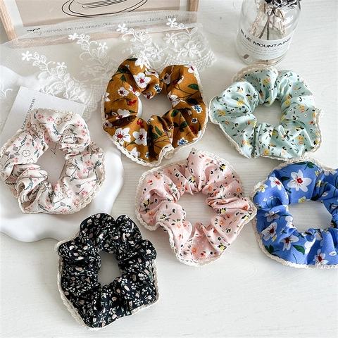 Floral Print Spitzenkante Stoff Haargummi Süßer Stil Elastisches Haarband Für Frauen Mädchen Handgefertigtes Accessoire