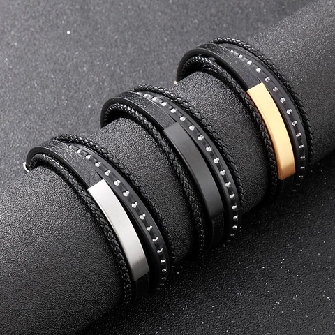 Men Multilayer Woven Leather Bracelet With Stainless Steel Magnetic Clasp Braided Rope Fashion Punk Jewelry For Male