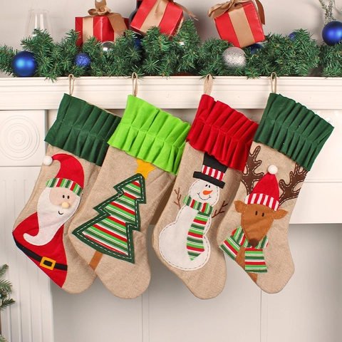 Weihnachtsstrümpfe Jute Leinen Filz 3D Cartoon Weihnachtsmann Schneemann Rentier Applikation Feiertag Kamin Deko Geschenkbeutel