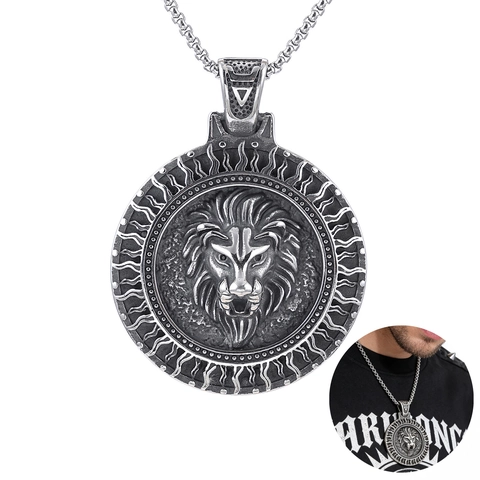 Viking Lion Head Round Medallion Pendant Necklace Stainless Steel Retro Punk Polished Jewelry Accessories For Men