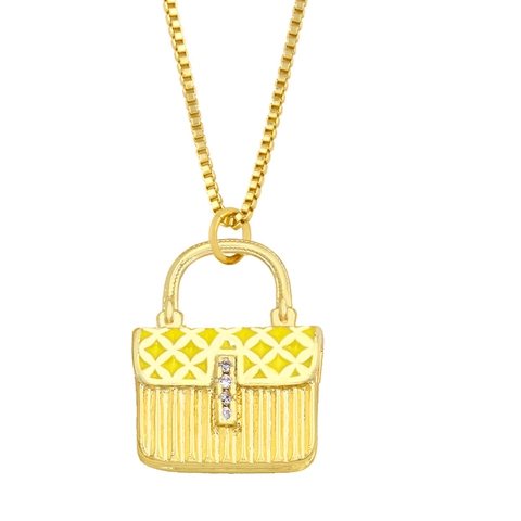 Handbag Pendant Necklace Copper Enamel Quilted Purse Shape With Cubic Zirconia Fashion Jewelry For Women