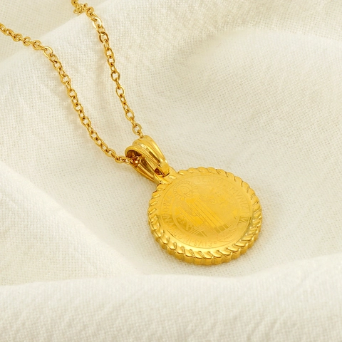 Saint Benedikt Medaille Halskette Runder Religiöser Anhänger 18K Vergoldeter Edelstahl Vintage Schmuck Unisex