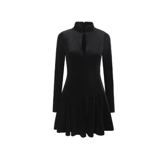 Elegantes Samt Minikleid Langarm Ausschnitt Stehkragen Slim Fit Partymode Für Damen