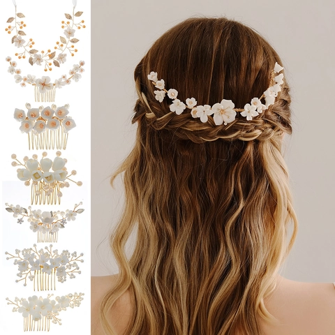 Pettine Per Capelli Da Sposa Fiori In Ceramica Fatti A Mano Rhinestone Perla Artificial Di Imitazione Lega Foglia Copricapo Da Sposa Per Donne Banchetto Sera