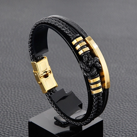 Bracciale In Pelle Intrecciata Multistrato Da Uomo Acciaio Inossidabile Piastra Curva Nodo Punk Gioielli
