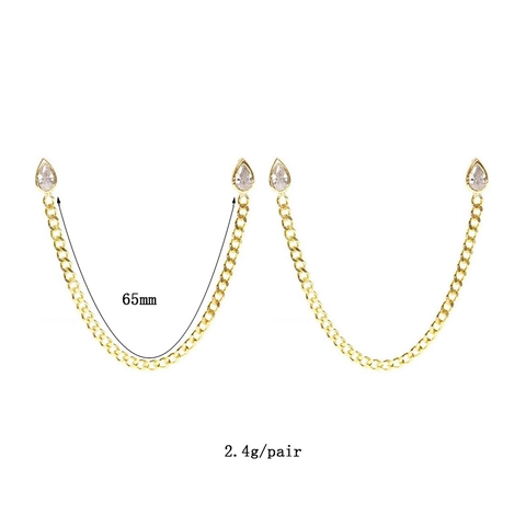 Boucles d'Oreilles Chaîne Double Perçage en Cuivre et Zirconia Style Ins pour Femmes Élégant Pendentif Goutte d'Eau Bijoux