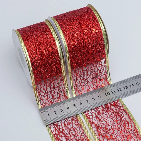 Christmas Glitter Mesh Ribbon Hollow Out Sparkly Wired Edge For Gift Wrapping Holiday Tree Decor DIY Bows