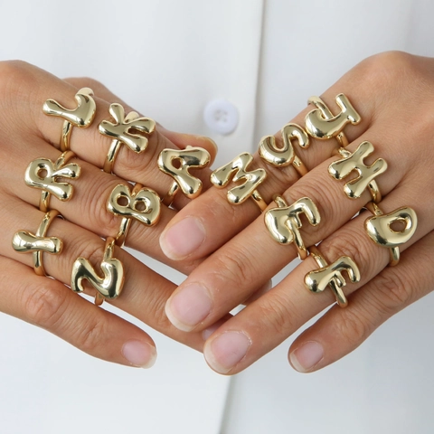 Bague Lettre Initiale Bulle Puffy Plaqué Or 18K Laiton Anneau Ouvert Réglable Bijoux Alphabet Pour Femmes