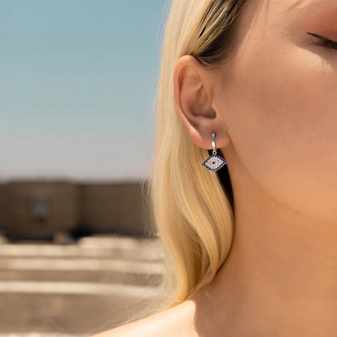 925 Sterling Silver Evil Eye Hoop Earrings For Women French Vintage Pave Zirconia Blue Eye Drop Earrings Jewelry Gift