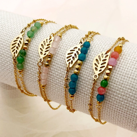 Stainless Steel Double Layer Bracelet With Hollow Leaf Pendant And Colorful Crystal Beads Adjustable Fashion Jewelry For Women