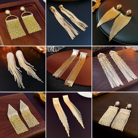 Pendientes Largos De Borla Para Mujer Lujo Cadena Geométrica Joyería De Diamantes De Imitación Con Poste De Plata
