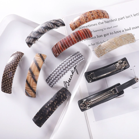 Korean Acetate Plaid Patchwork Curved Spring Hair Clip Women Marble Print Bangs Side Hairpin Headwear Elegant Updo Top Hair Accessory