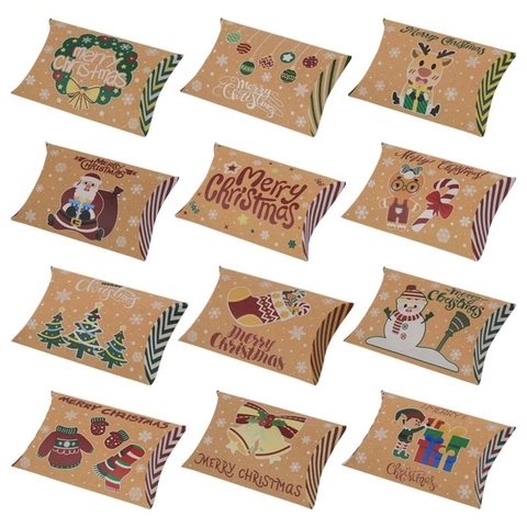 Christmas Pillow Candy Boxes Kraft Paper Gift Packaging For Holiday Party Treats Favors Festive Designs Decorative