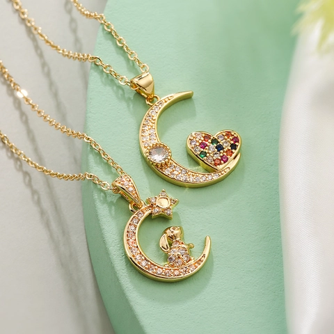 Mond Hase Herz Anhänger Halskette 18K Vergoldetes Kupfer Zirkonia Zierlicher Vielseitiger Leichter Luxus Schmuck Für Damen