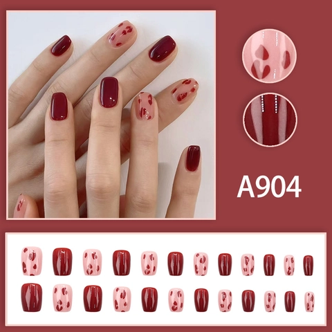 Press On Nails Red Leopard Heart Print Short Square Glossy Artificial Finger Nails For Women Sweet Cute Style