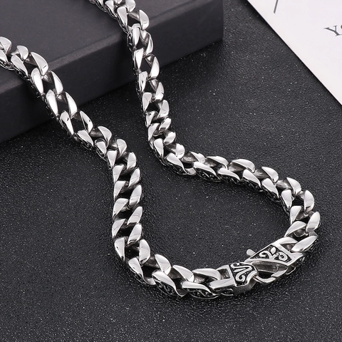 Men Cuban Link Necklace 316L Stainless Steel Engraved Scroll Pattern Punk Hip Hop Jewelry