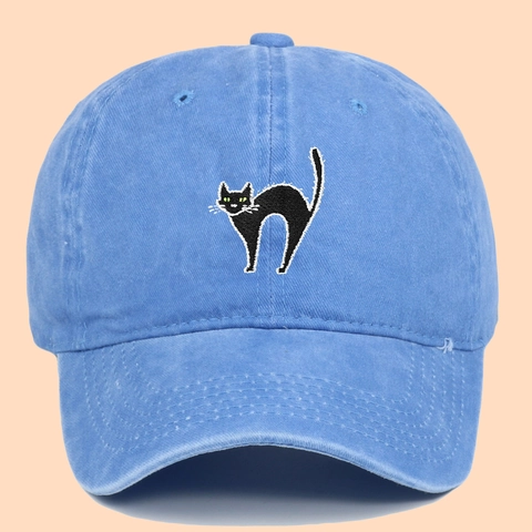 Washed Cotton Baseball Cap Embroidered Cat Pattern Sun Protection Outdoor Casual Retro Adjustable For Men Women