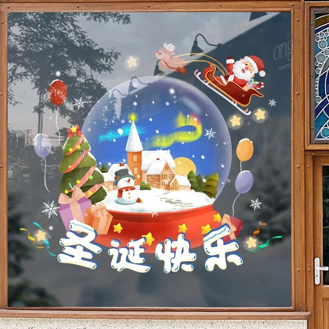 Pegatina De Ventana De Navidad Adhesión Estática PVC Sin Pegamento Color Doble Cara Papá Noel Reno Bola De Nieve Decoración