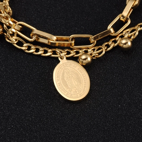 Religious Virgin Mary Pendant Bracelet Stainless Steel Double Layer Paperclip Chain With Polished Beads For Women