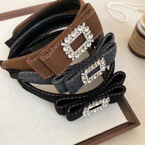 Vintage Breites Stirnband Mit Strass Quadratschnalle Beflockung Woll Haarband Für Damen Retro Elegant