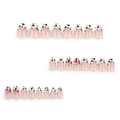 Leopard Print Cherry French Style Almond Shape Press On Nails Artificial Fake Nail Tips Manicure Accessory For Women