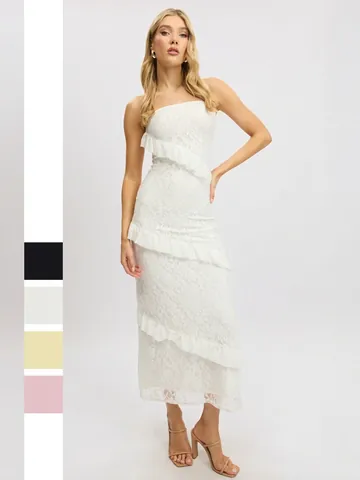 Abito Maxi Elegante In Pizzo Da Donna Senza Spalline Tubino Vestibilità Aderente Volant A Strati Festa Sera