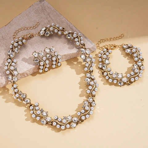 Joyas Vintage Para Mujer Con Perlas Artificiales De Imitación Diamantes De Imitación Collar Pulsera Y Pendientes De Cobre Con Poste De Plata