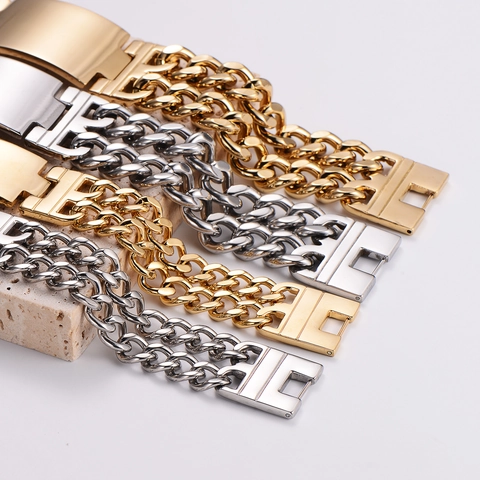 Men Stainless Steel Cuban Link Bracelet Double Row Curved Plate Hip Hop Fashion Jewelry